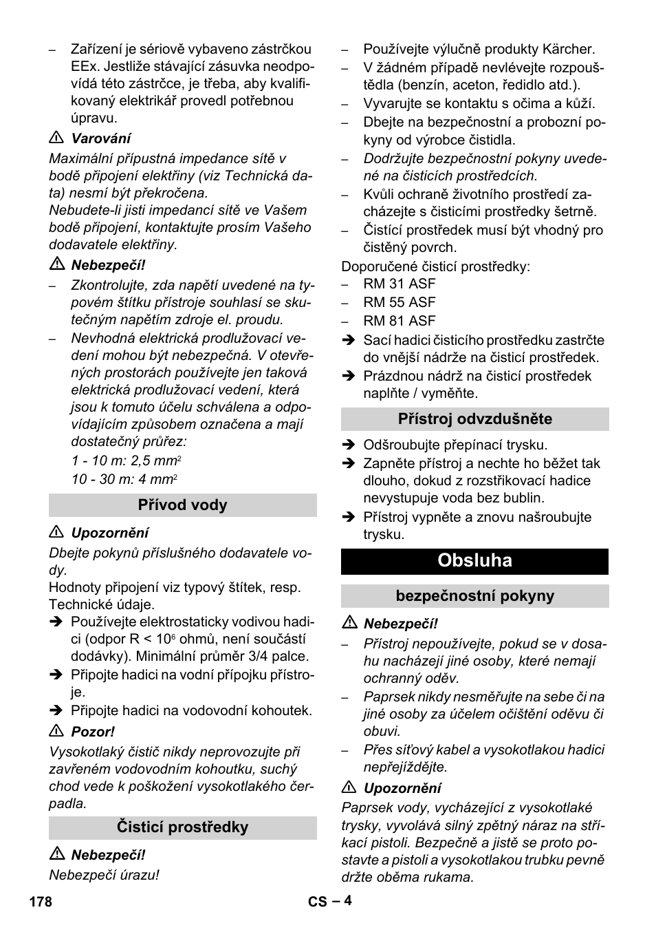 Přívod vody, Čisticí prostředky, Přístroj odvzdušněte | Obsluha, Bezpečnostní pokyny | Karcher HD 10-16-4 Cage Ex User Manual | Page 178 / 316