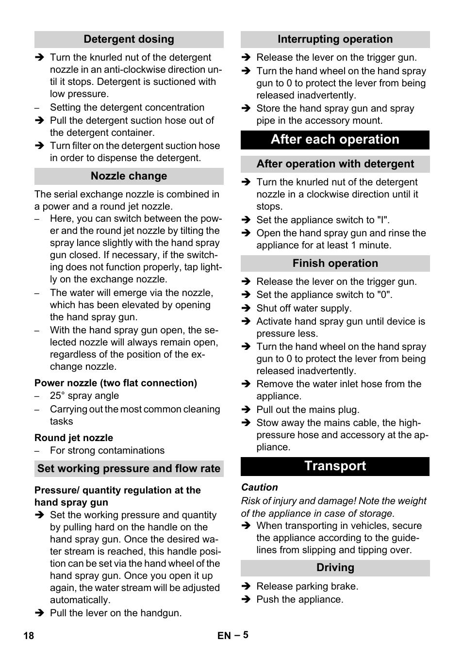 Detergent dosing, Nozzle change, Power nozzle (two flat connection) | Round jet nozzle, Set working pressure and flow rate, Interrupting operation, After each operation, After operation with detergent, Finish operation, Transport | Karcher HD 10-16-4 Cage Ex User Manual | Page 18 / 316