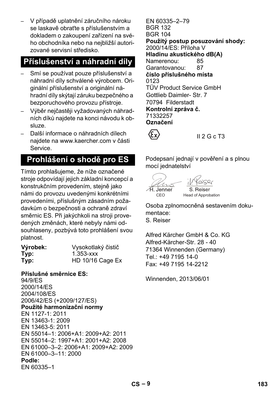 Příslušenství a náhradní díly, Prohlášení o shodě pro es | Karcher HD 10-16-4 Cage Ex User Manual | Page 183 / 316