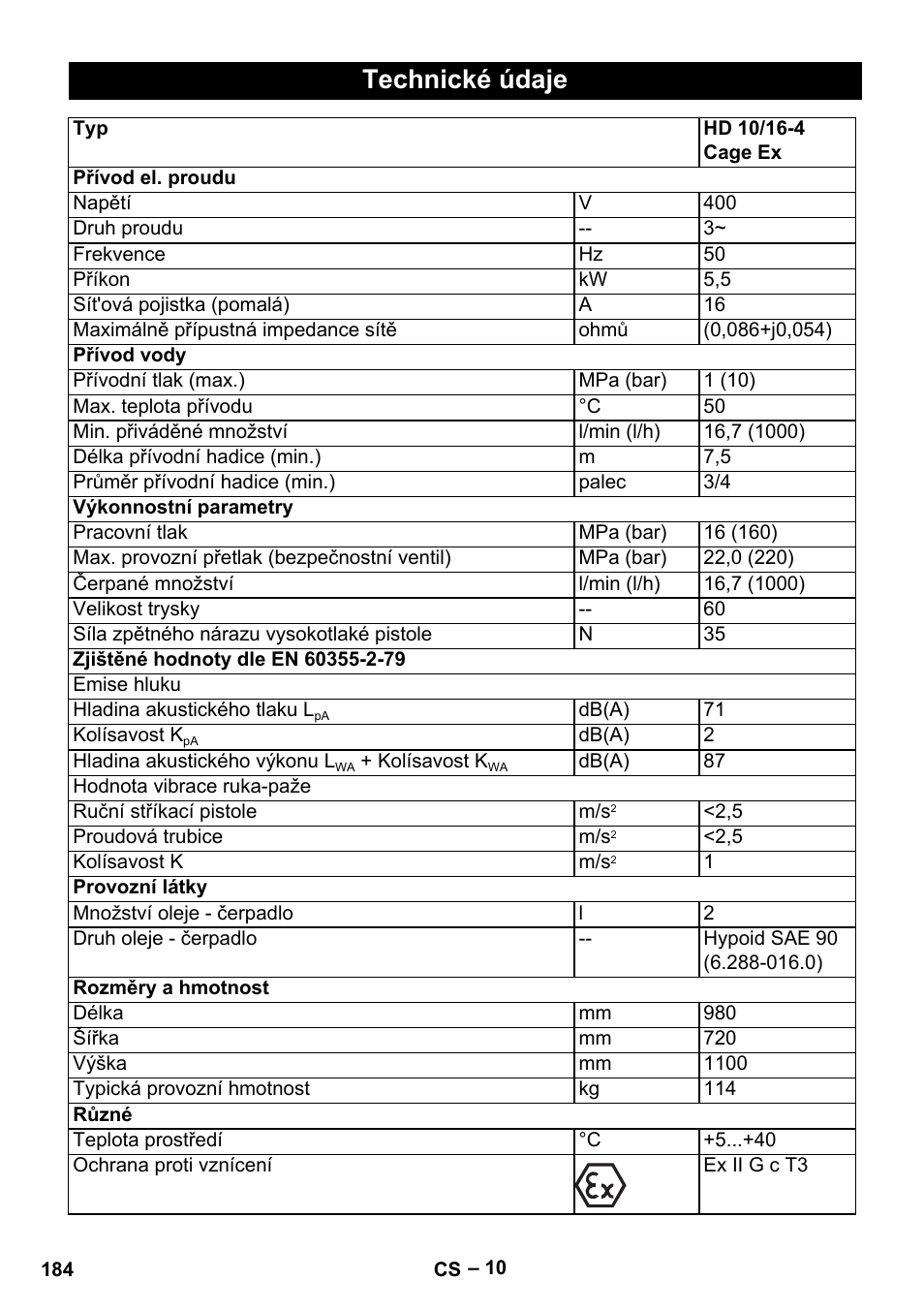 Technické údaje | Karcher HD 10-16-4 Cage Ex User Manual | Page 184 / 316