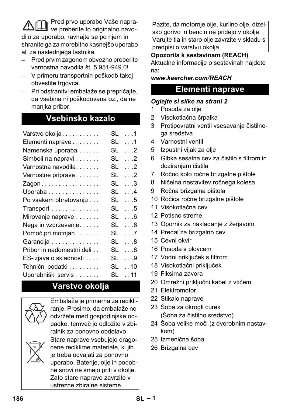 Slovenščina, Vsebinsko kazalo, Varstvo okolja | Elementi naprave | Karcher HD 10-16-4 Cage Ex User Manual | Page 186 / 316