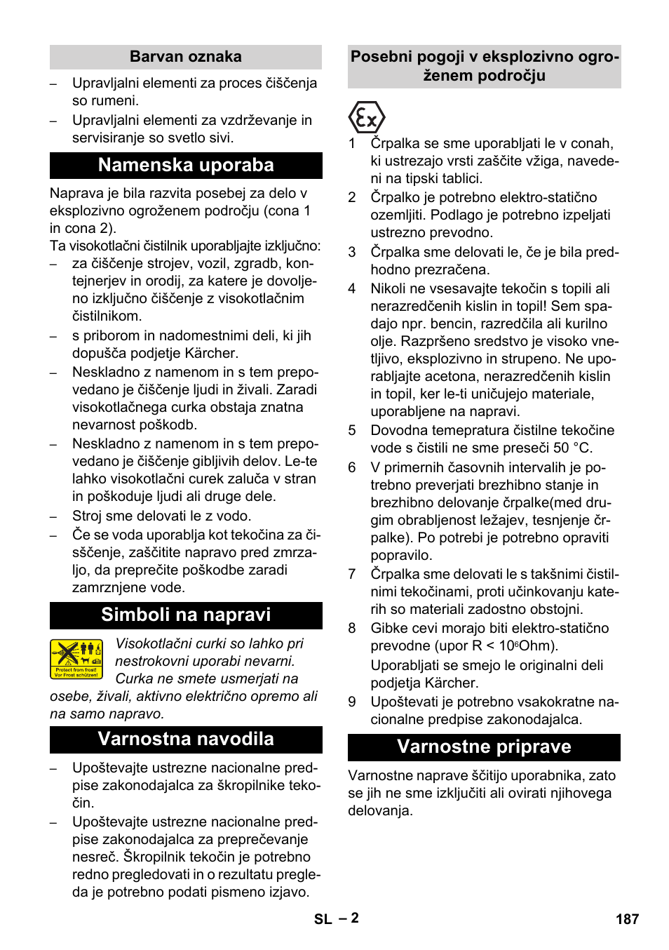 Barvan oznaka, Namenska uporaba, Simboli na napravi | Varnostna navodila, Posebni pogoji v eksplozivno ogroženem področju, Varnostne priprave | Karcher HD 10-16-4 Cage Ex User Manual | Page 187 / 316