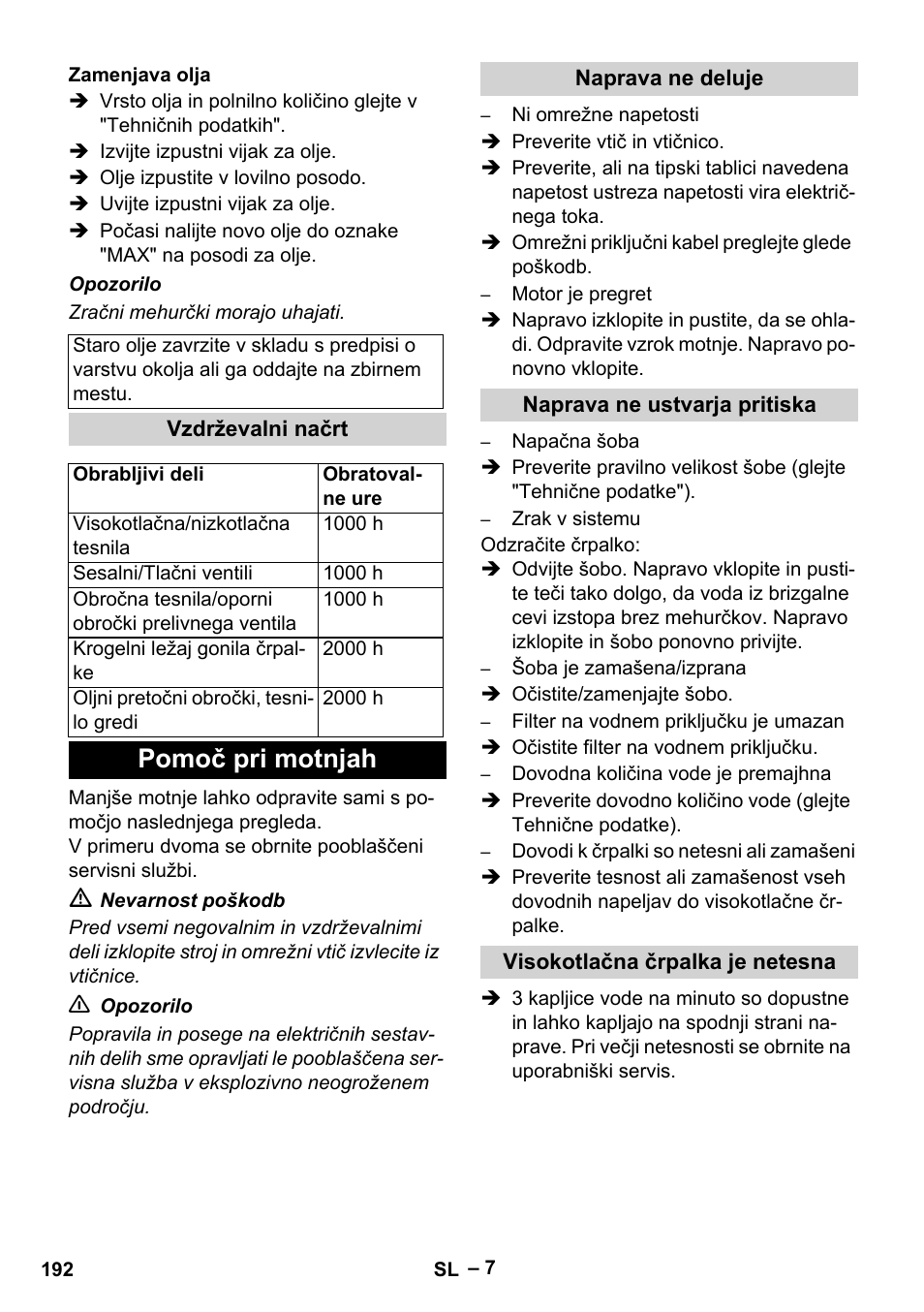 Zamenjava olja, Vzdrževalni načrt, Pomoč pri motnjah | Naprava ne deluje, Naprava ne ustvarja pritiska, Visokotlačna črpalka je netesna | Karcher HD 10-16-4 Cage Ex User Manual | Page 192 / 316