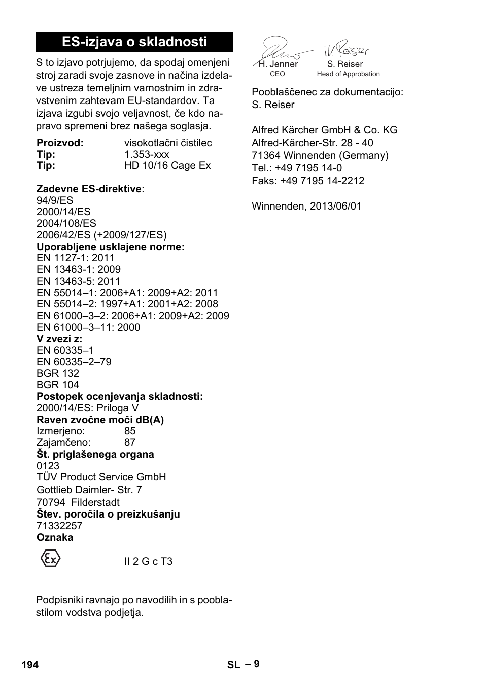 Es-izjava o skladnosti | Karcher HD 10-16-4 Cage Ex User Manual | Page 194 / 316