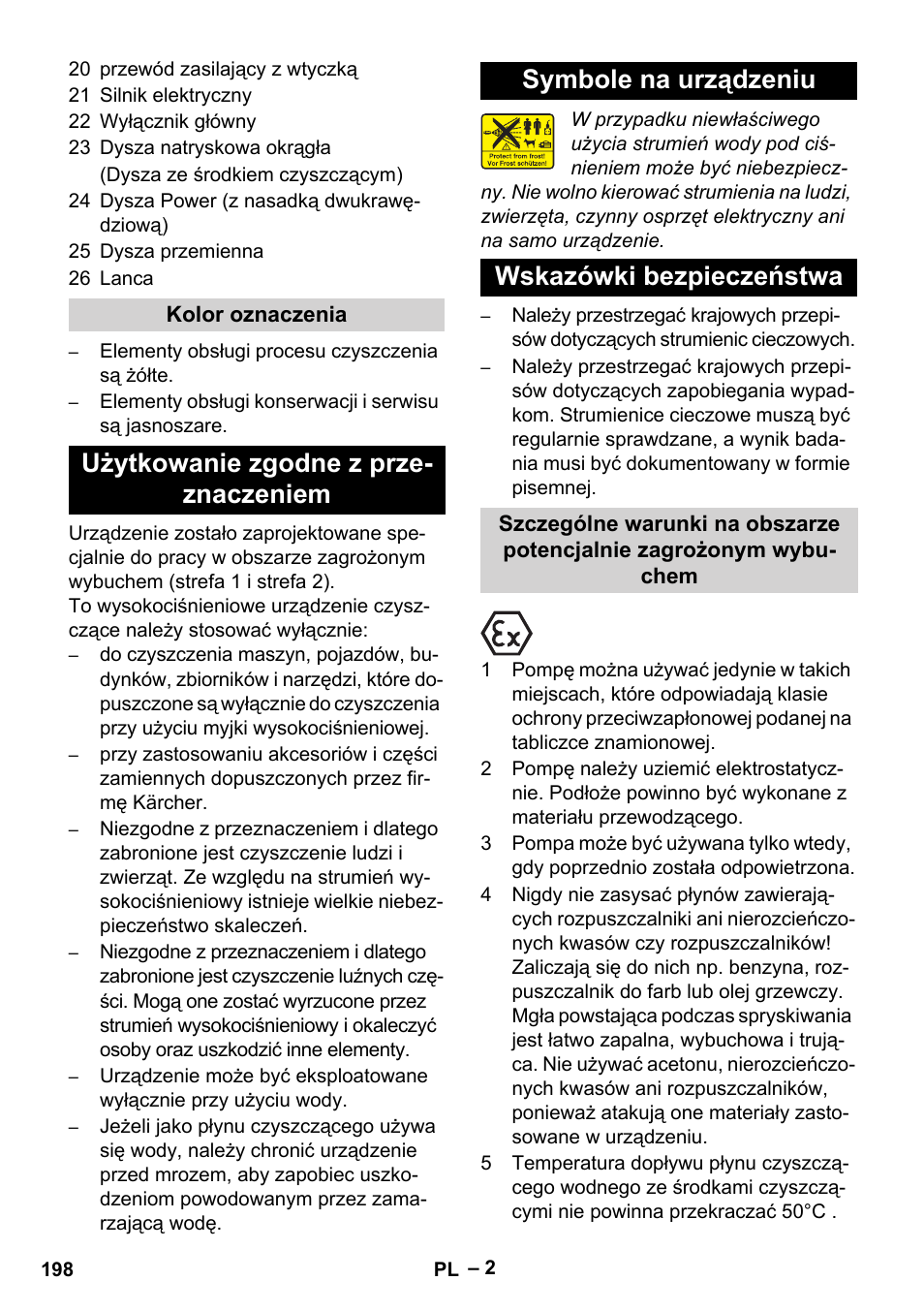 Kolor oznaczenia, Użytkowanie zgodne z przeznaczeniem, Symbole na urządzeniu | Wskazówki bezpieczeństwa | Karcher HD 10-16-4 Cage Ex User Manual | Page 198 / 316