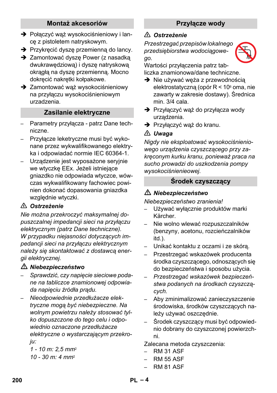 Montaż akcesoriów, Zasilanie elektryczne, Przyłącze wody | Środek czyszczący | Karcher HD 10-16-4 Cage Ex User Manual | Page 200 / 316