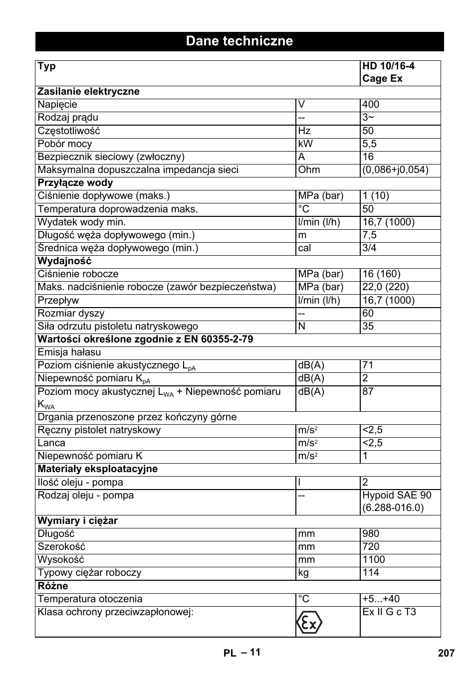 Dane techniczne | Karcher HD 10-16-4 Cage Ex User Manual | Page 207 / 316