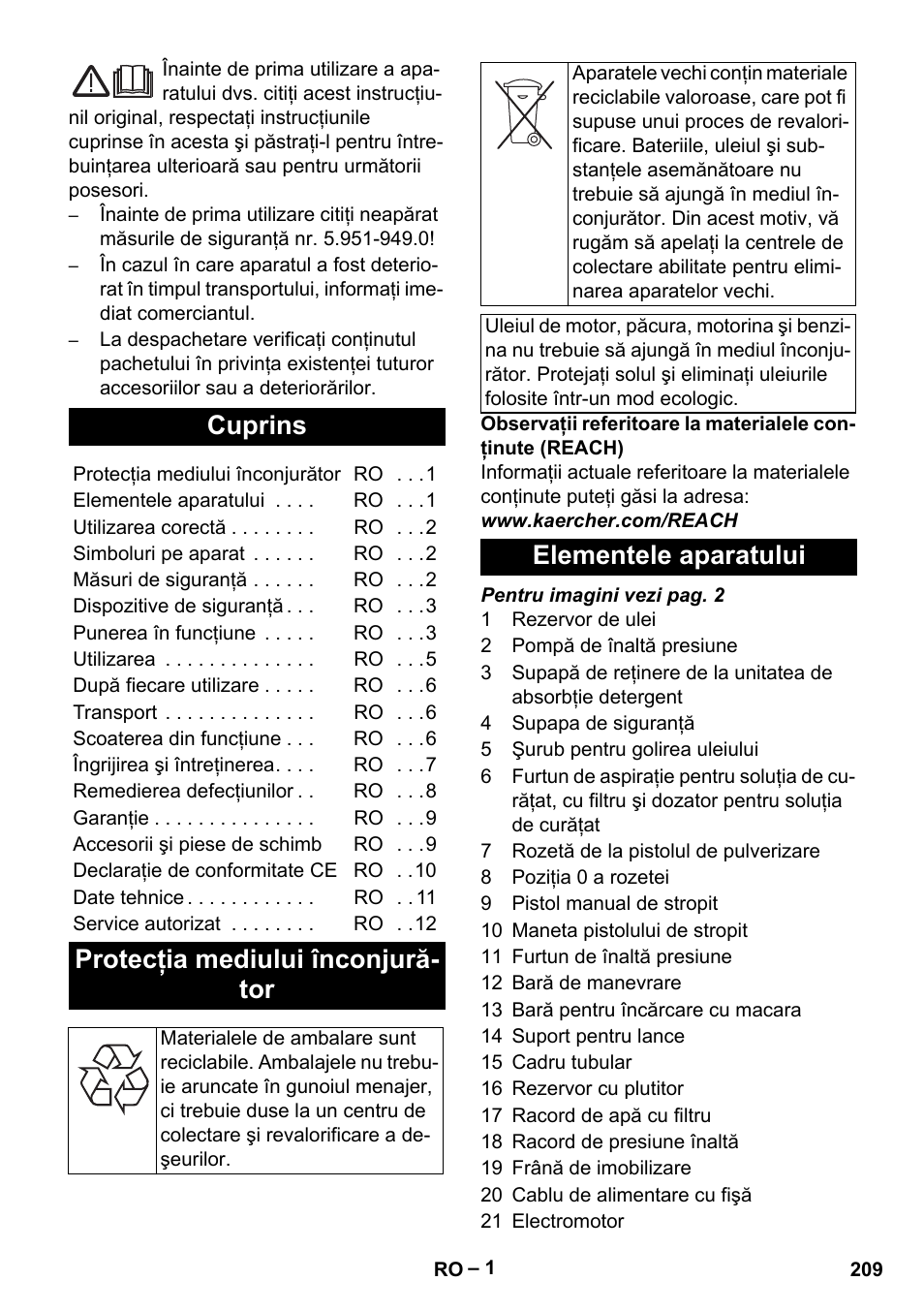 Româneşte, Cuprins, Protecţia mediului înconjurător | Elementele aparatului, Protecţia mediului înconjură- tor | Karcher HD 10-16-4 Cage Ex User Manual | Page 209 / 316