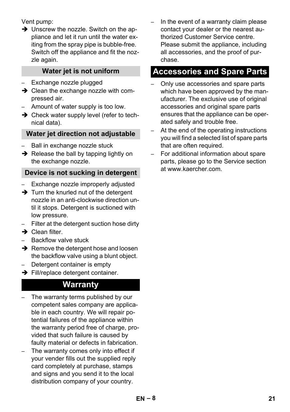 Water jet is not uniform, Water jet direction not adjustable, Device is not sucking in detergent | Warranty, Accessories and spare parts, Warranty accessories and spare parts | Karcher HD 10-16-4 Cage Ex User Manual | Page 21 / 316