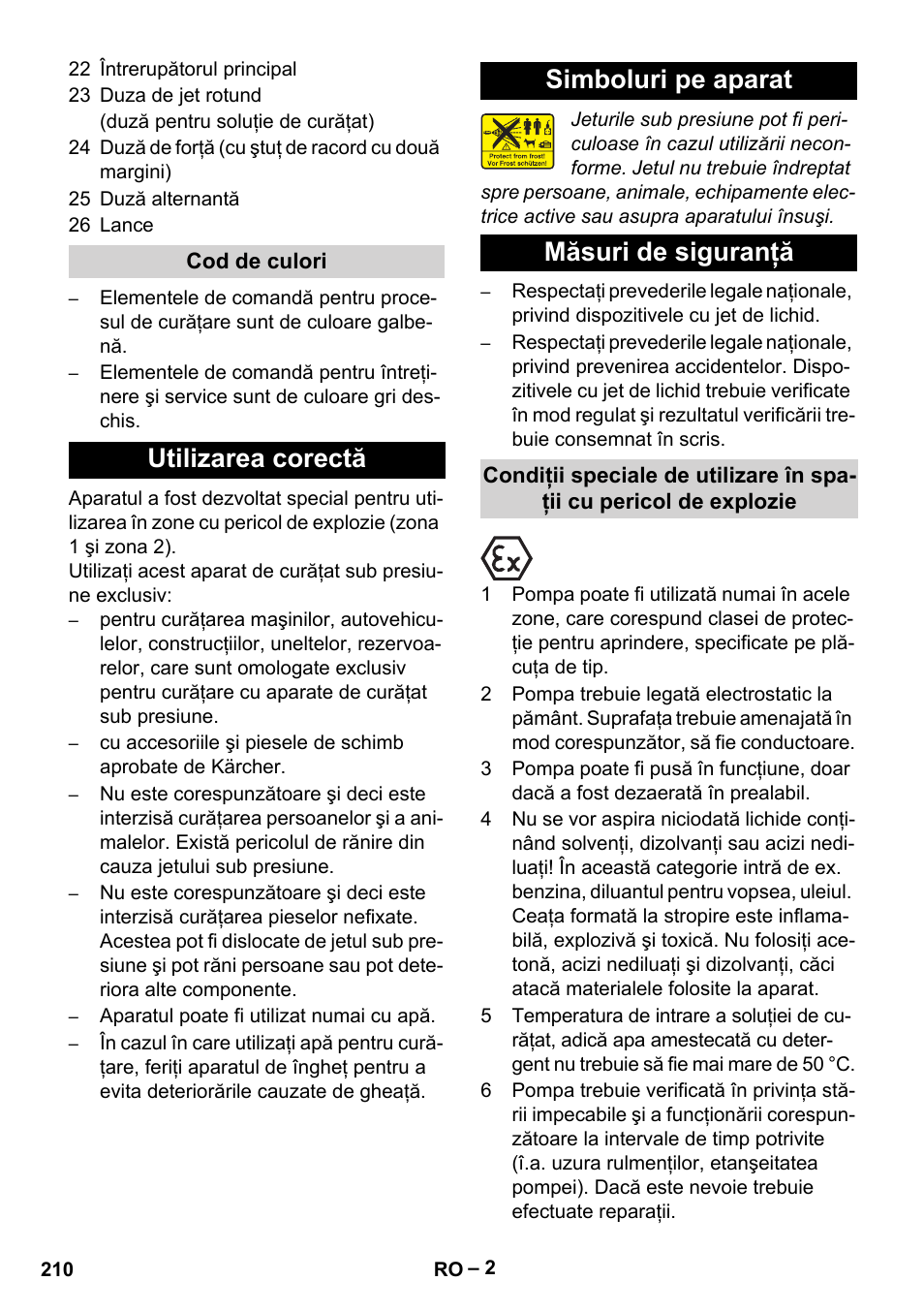 Cod de culori, Utilizarea corectă, Simboluri pe aparat | Măsuri de siguranţă | Karcher HD 10-16-4 Cage Ex User Manual | Page 210 / 316