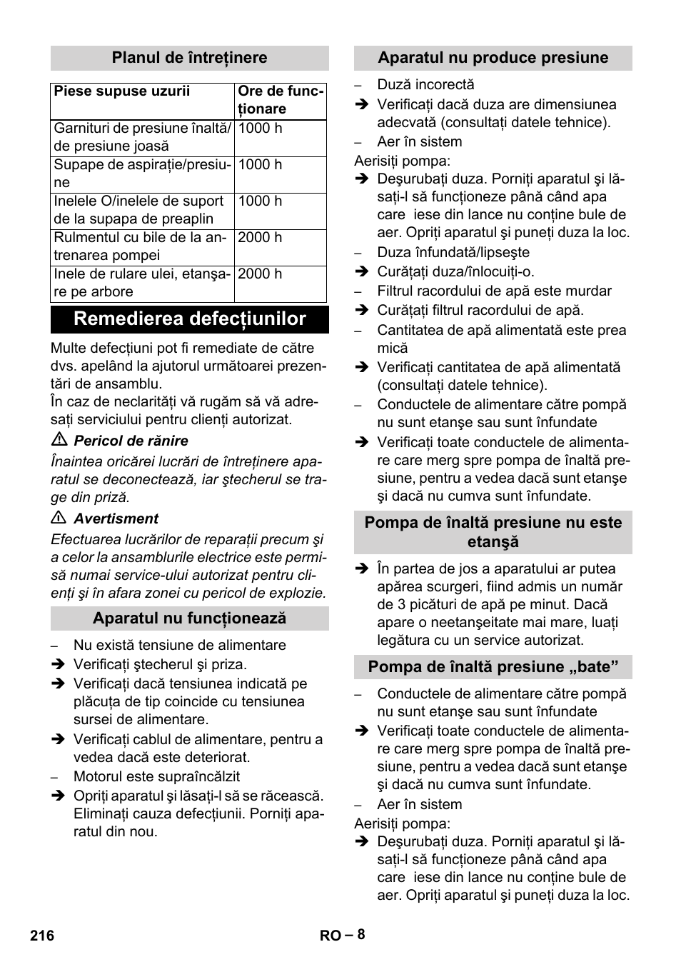 Planul de întreţinere, Remedierea defecţiunilor, Aparatul nu funcţionează | Aparatul nu produce presiune, Pompa de înaltă presiune nu este etanşă, Pompa de înaltă presiune „bate | Karcher HD 10-16-4 Cage Ex User Manual | Page 216 / 316