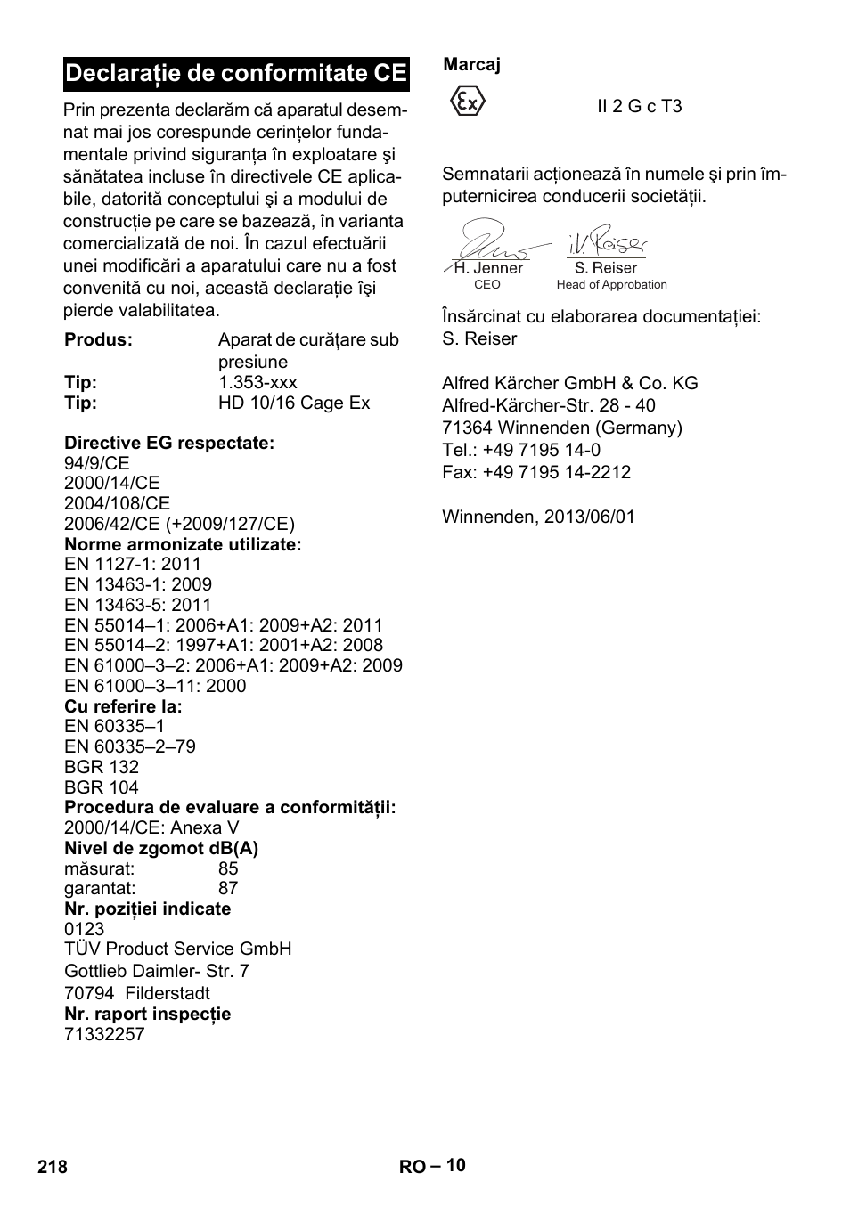 Declaraţie de conformitate ce | Karcher HD 10-16-4 Cage Ex User Manual | Page 218 / 316