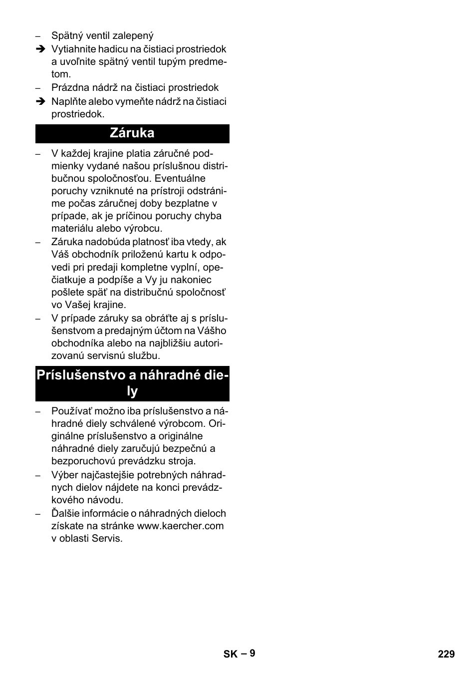 Záruka, Príslušenstvo a náhradné diely, Záruka príslušenstvo a náhradné die- ly | Karcher HD 10-16-4 Cage Ex User Manual | Page 229 / 316