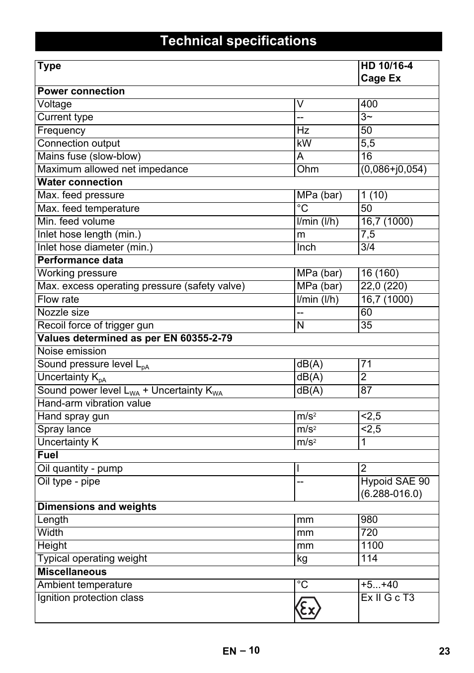 Technical specifications | Karcher HD 10-16-4 Cage Ex User Manual | Page 23 / 316