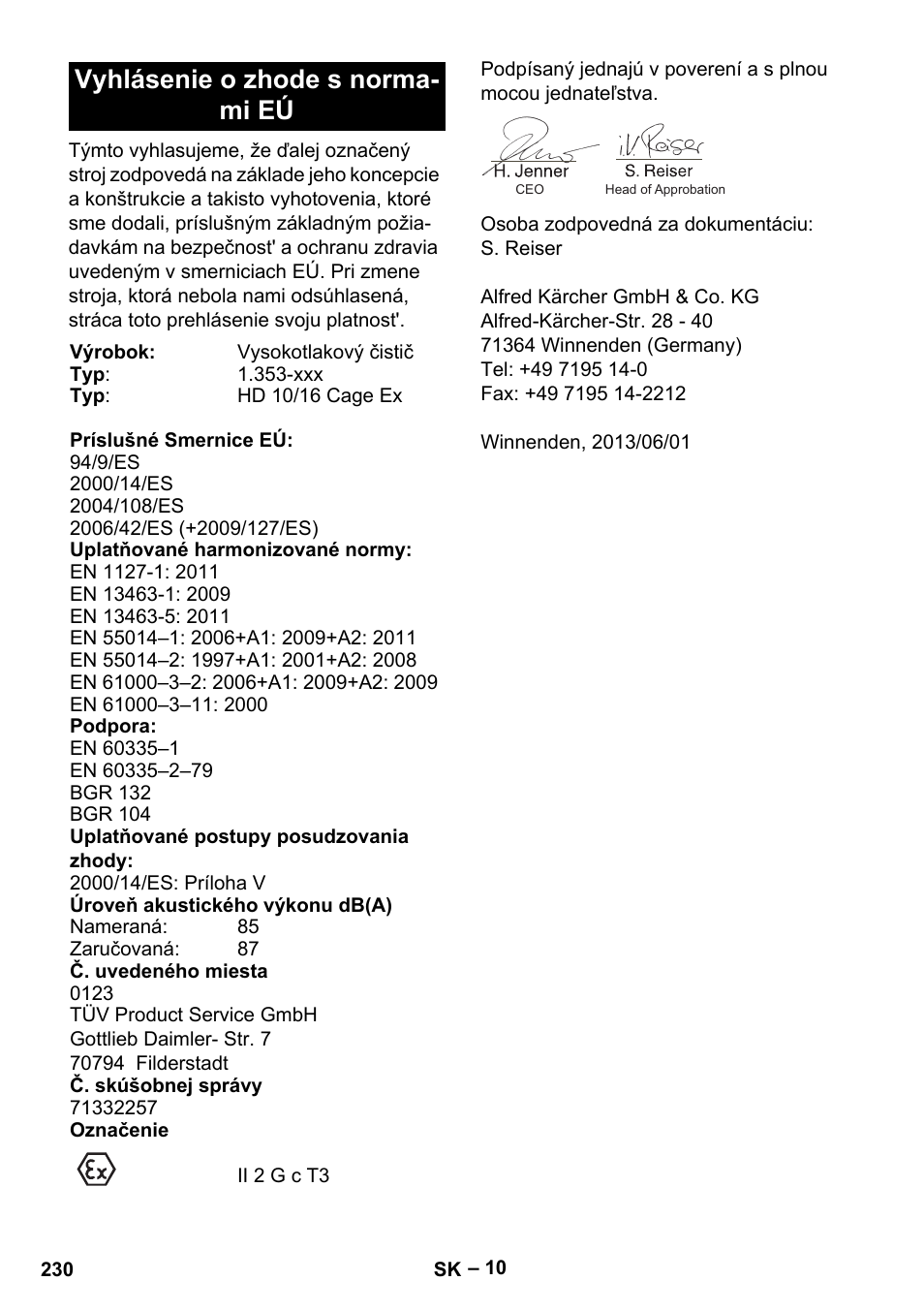 Vyhlásenie o zhode s normami eú, Vyhlásenie o zhode s norma- mi eú | Karcher HD 10-16-4 Cage Ex User Manual | Page 230 / 316