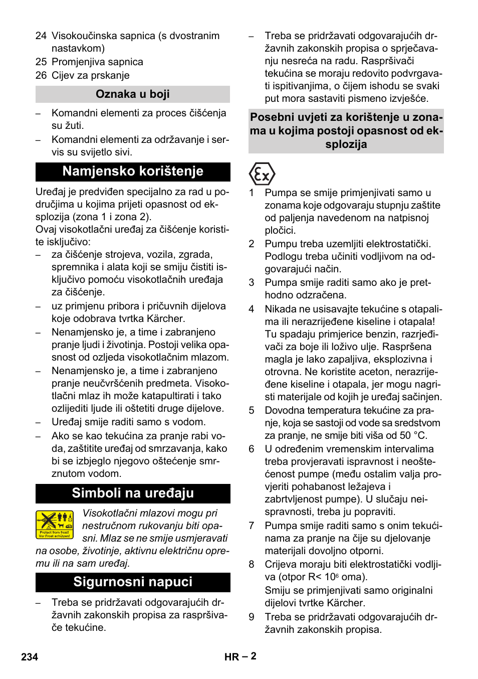 Oznaka u boji, Namjensko korištenje, Simboli na uređaju | Sigurnosni napuci | Karcher HD 10-16-4 Cage Ex User Manual | Page 234 / 316