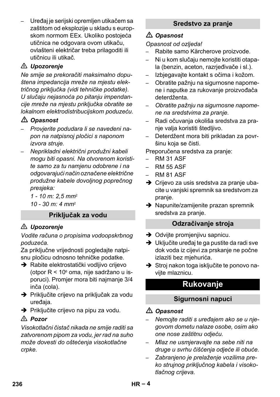 Priključak za vodu, Sredstvo za pranje, Odzračivanje stroja | Rukovanje, Sigurnosni napuci | Karcher HD 10-16-4 Cage Ex User Manual | Page 236 / 316