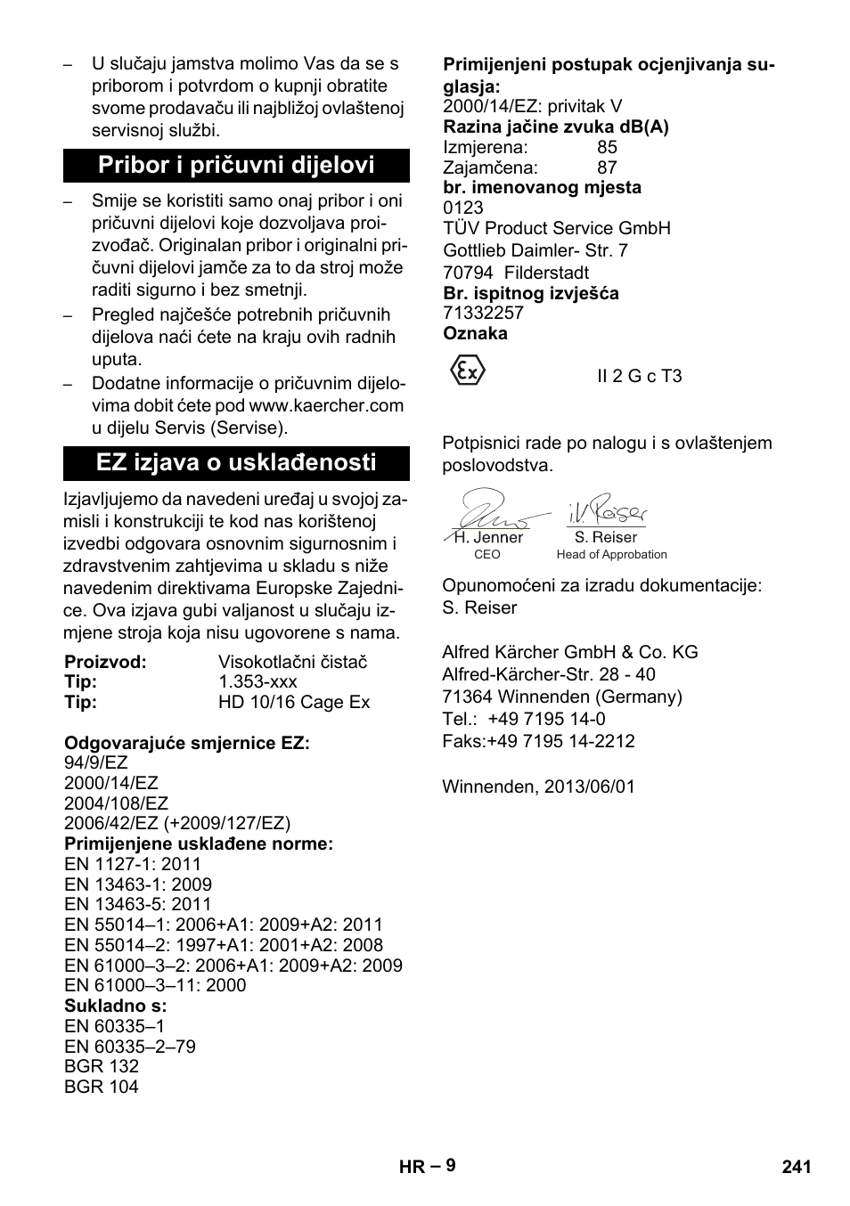 Pribor i pričuvni dijelovi, Ez izjava o usklađenosti | Karcher HD 10-16-4 Cage Ex User Manual | Page 241 / 316