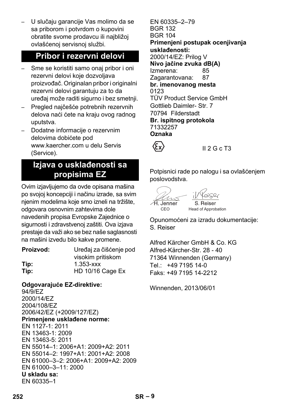 Pribor i rezervni delovi, Izjava o usklađenosti sa propisima ez | Karcher HD 10-16-4 Cage Ex User Manual | Page 252 / 316