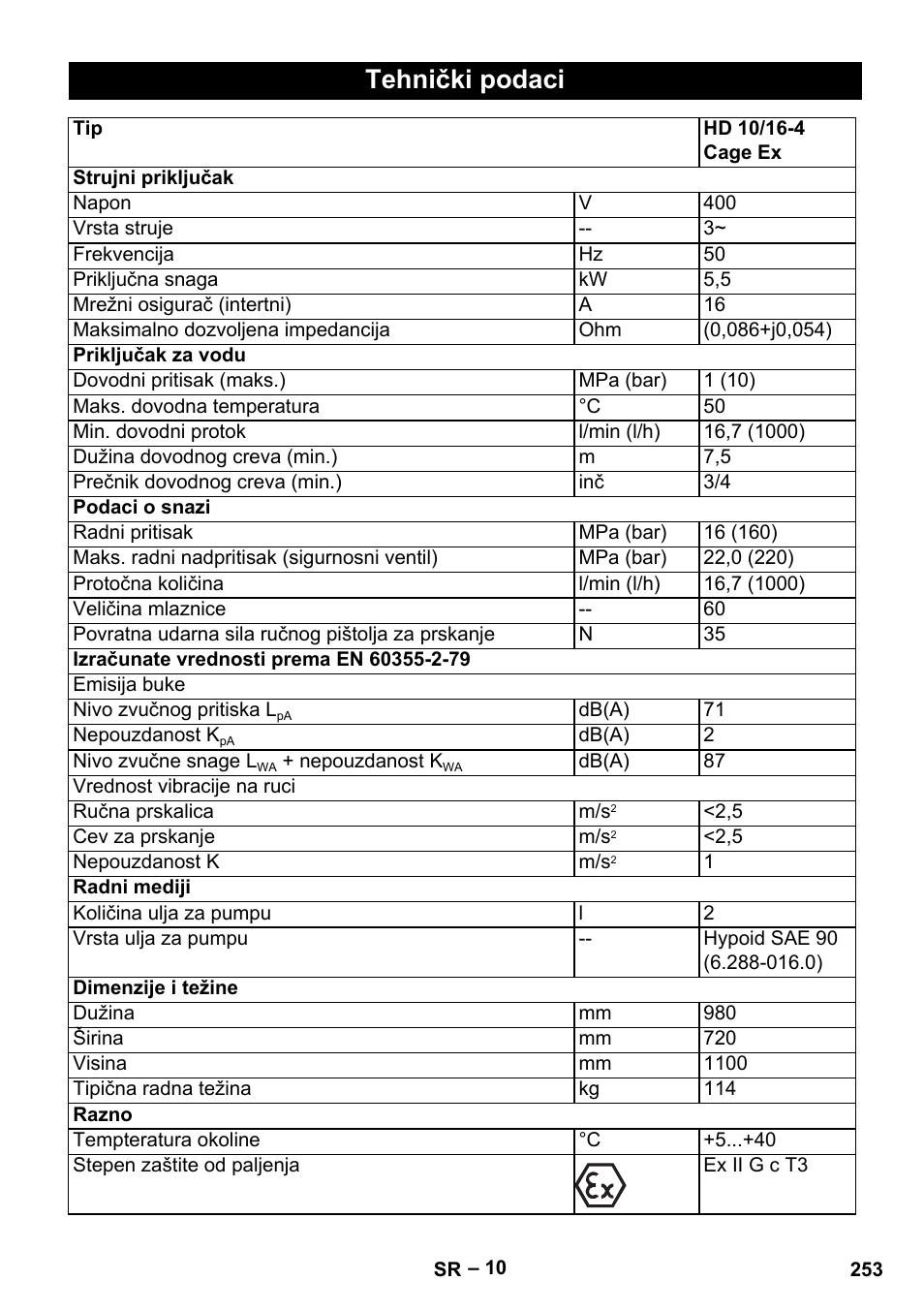 Tehnički podaci | Karcher HD 10-16-4 Cage Ex User Manual | Page 253 / 316