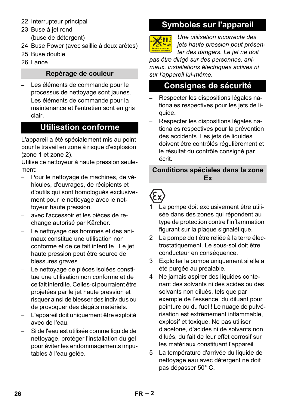 Repérage de couleur, Utilisation conforme, Symboles sur l'appareil | Consignes de sécurité, Conditions spéciales dans la zone ex | Karcher HD 10-16-4 Cage Ex User Manual | Page 26 / 316