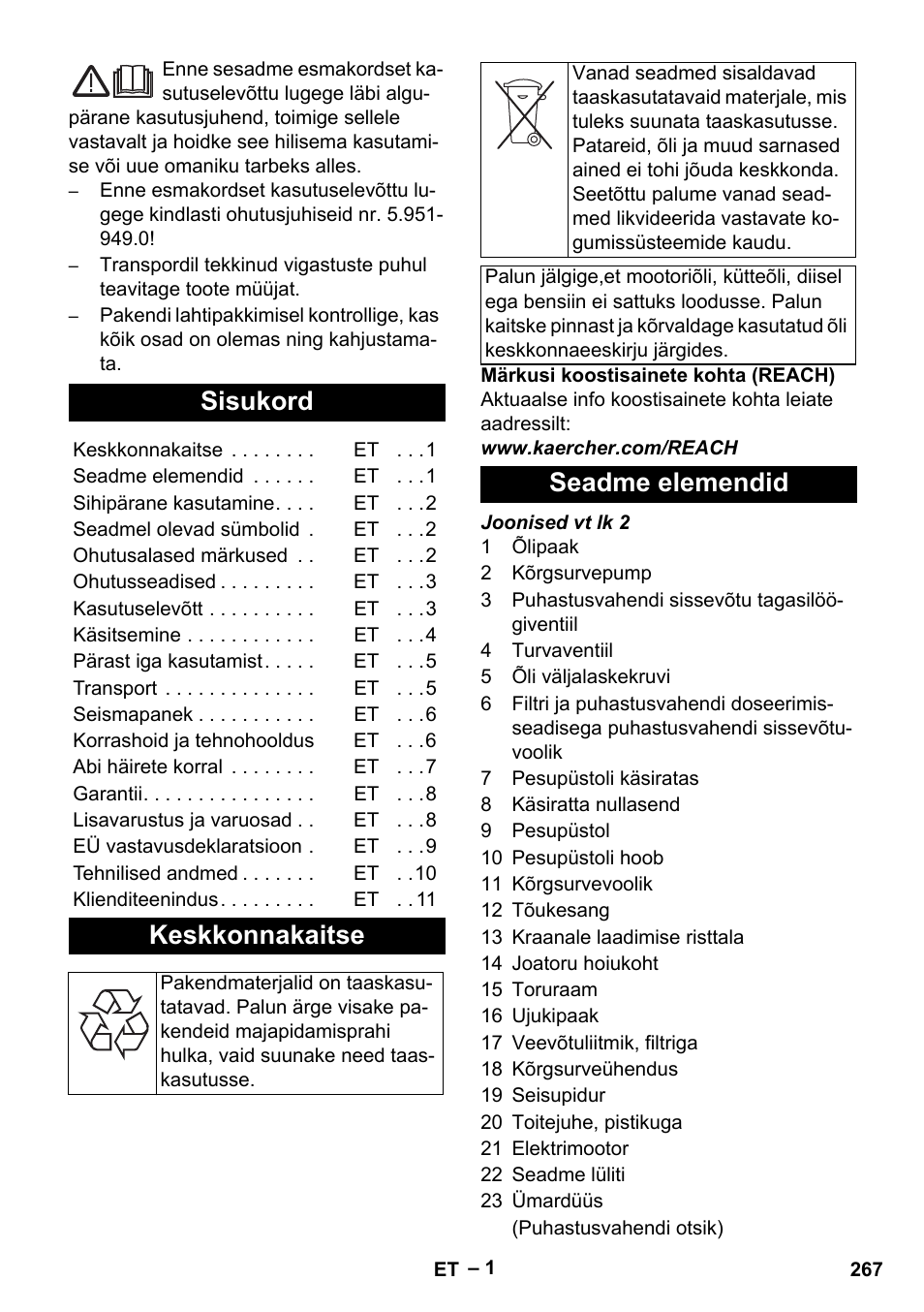 Eesti, Sisukord, Keskkonnakaitse | Seadme elemendid | Karcher HD 10-16-4 Cage Ex User Manual | Page 267 / 316