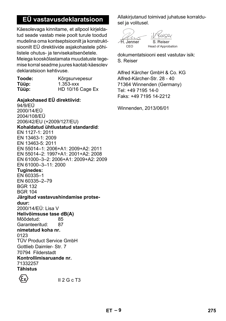 Eü vastavusdeklaratsioon | Karcher HD 10-16-4 Cage Ex User Manual | Page 275 / 316