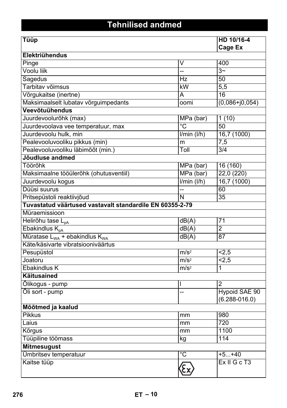 Tehnilised andmed | Karcher HD 10-16-4 Cage Ex User Manual | Page 276 / 316