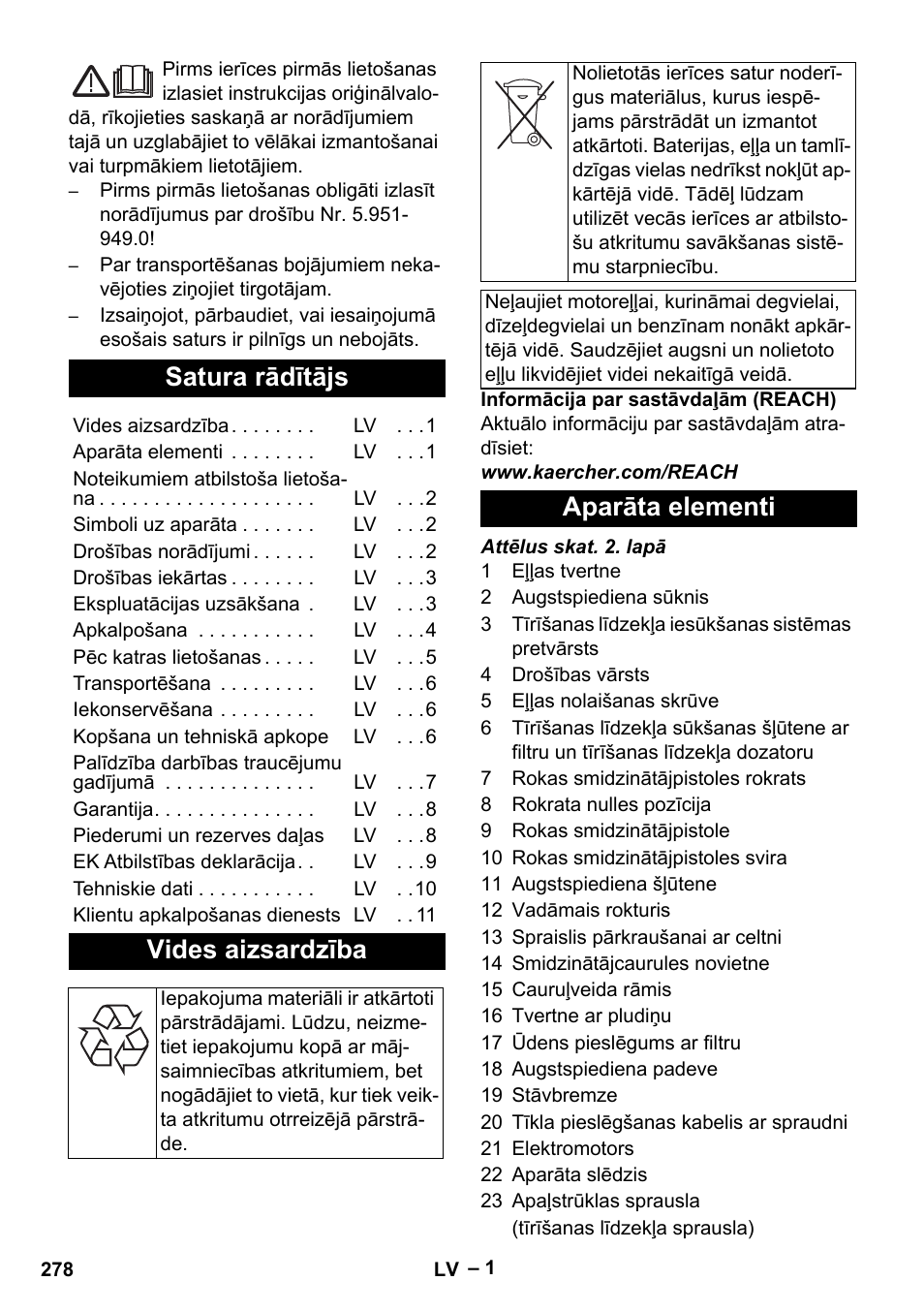 Latviešu, Satura rādītājs, Vides aizsardzība | Aparāta elementi | Karcher HD 10-16-4 Cage Ex User Manual | Page 278 / 316