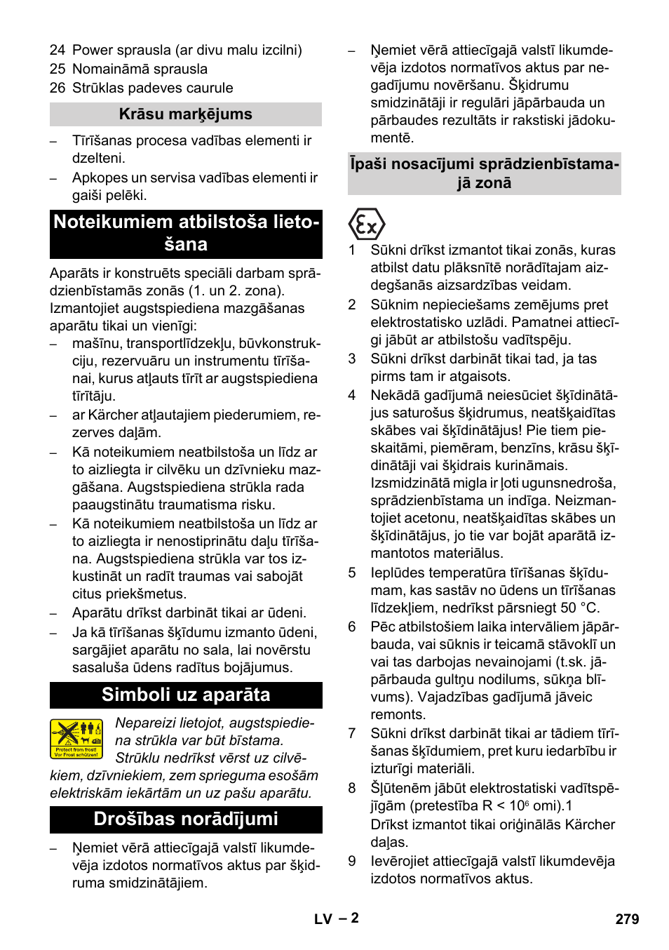 Krāsu marķējums, Noteikumiem atbilstoša lietošana, Simboli uz aparāta | Drošības norādījumi, Īpaši nosacījumi sprādzienbīstamajā zonā | Karcher HD 10-16-4 Cage Ex User Manual | Page 279 / 316