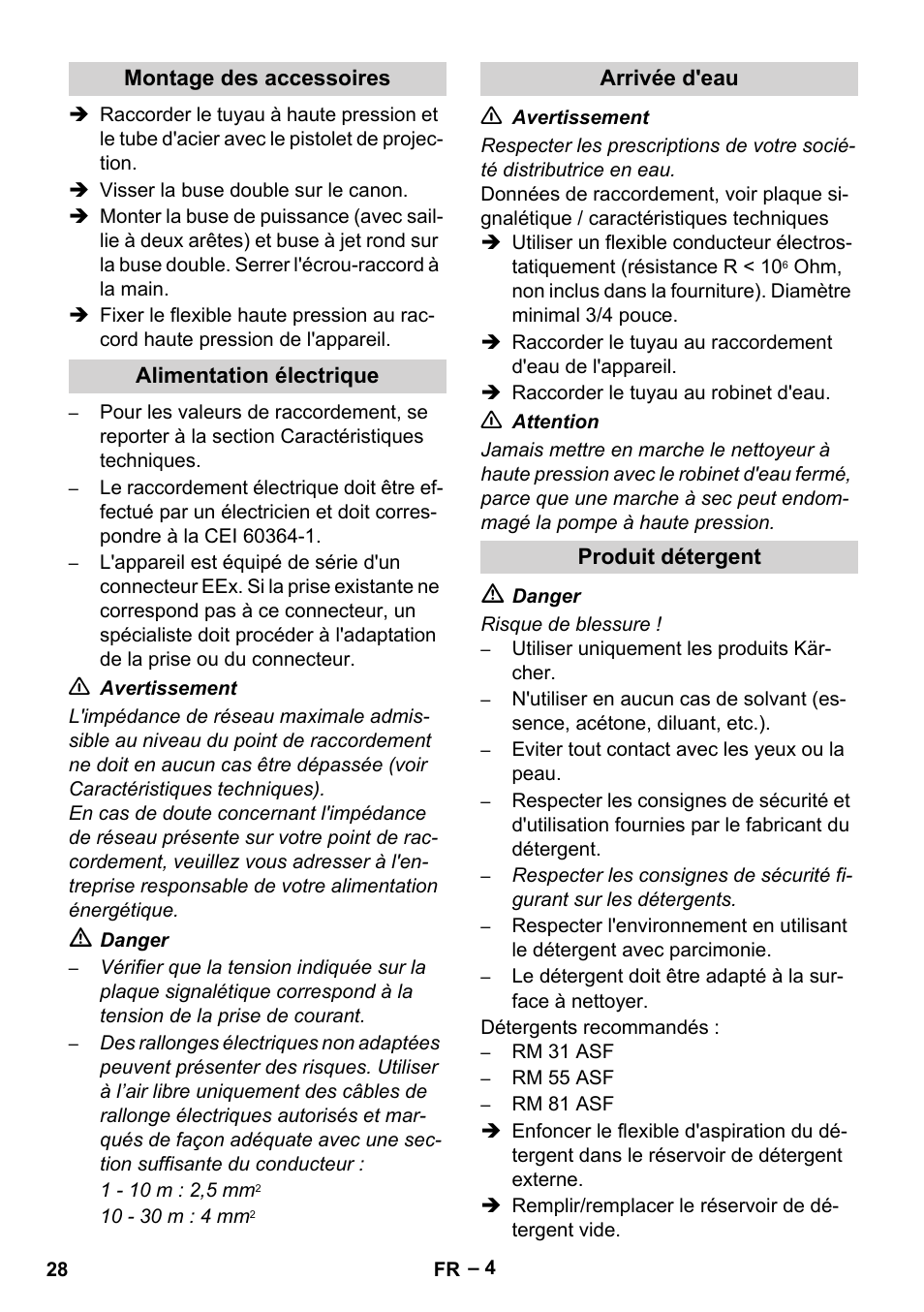 Montage des accessoires, Alimentation électrique, Arrivée d'eau | Produit détergent | Karcher HD 10-16-4 Cage Ex User Manual | Page 28 / 316