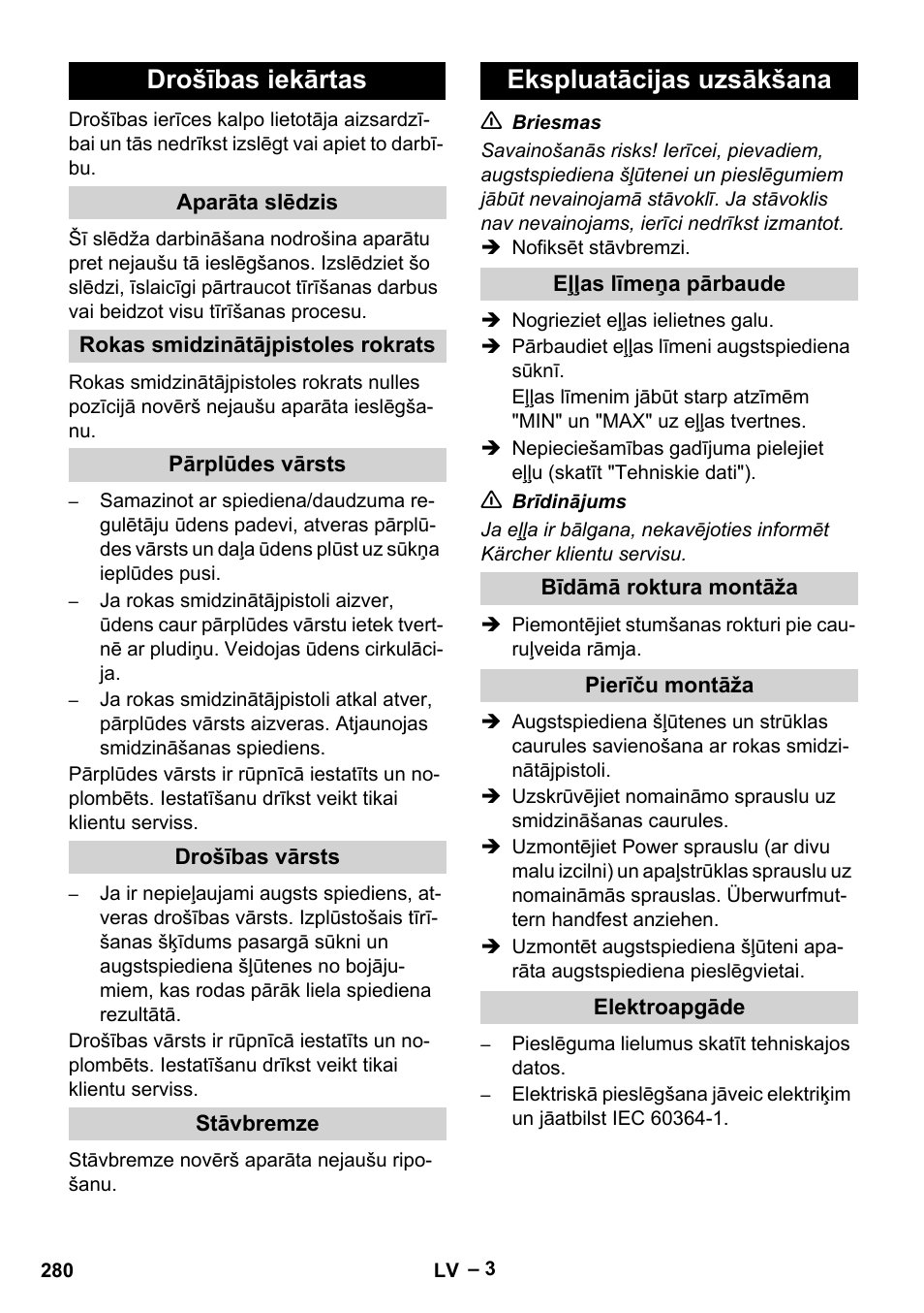 Drošības iekārtas, Aparāta slēdzis, Rokas smidzinātājpistoles rokrats | Pārplūdes vārsts, Drošības vārsts, Stāvbremze, Ekspluatācijas uzsākšana, Eļļas līmeņa pārbaude, Bīdāmā roktura montāža, Pierīču montāža | Karcher HD 10-16-4 Cage Ex User Manual | Page 280 / 316