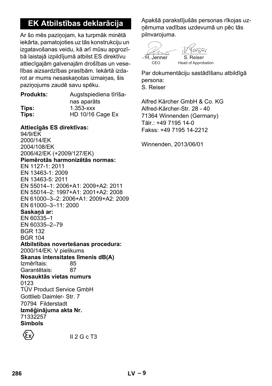 Ek atbilstības deklarācija | Karcher HD 10-16-4 Cage Ex User Manual | Page 286 / 316