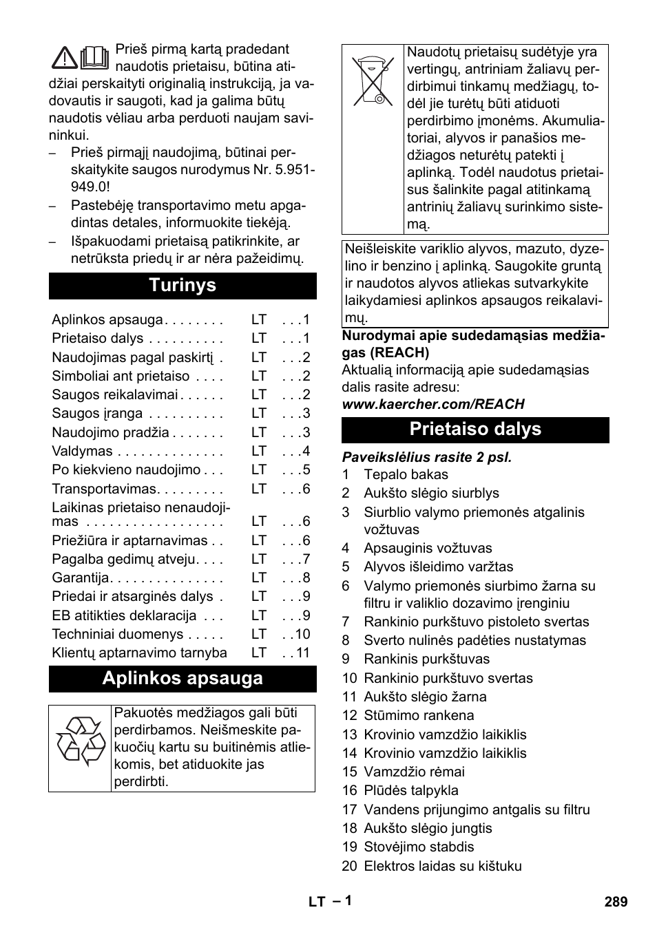 Lietuviškai, Turinys, Aplinkos apsauga | Prietaiso dalys | Karcher HD 10-16-4 Cage Ex User Manual | Page 289 / 316