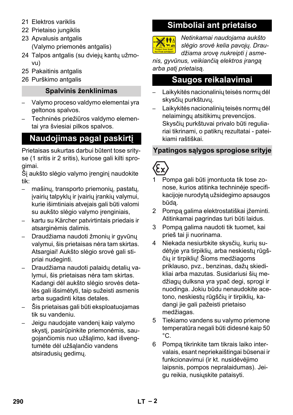 Spalvinis ženklinimas, Naudojimas pagal paskirtį, Simboliai ant prietaiso | Saugos reikalavimai, Ypatingos sąlygos sprogiose srityje | Karcher HD 10-16-4 Cage Ex User Manual | Page 290 / 316