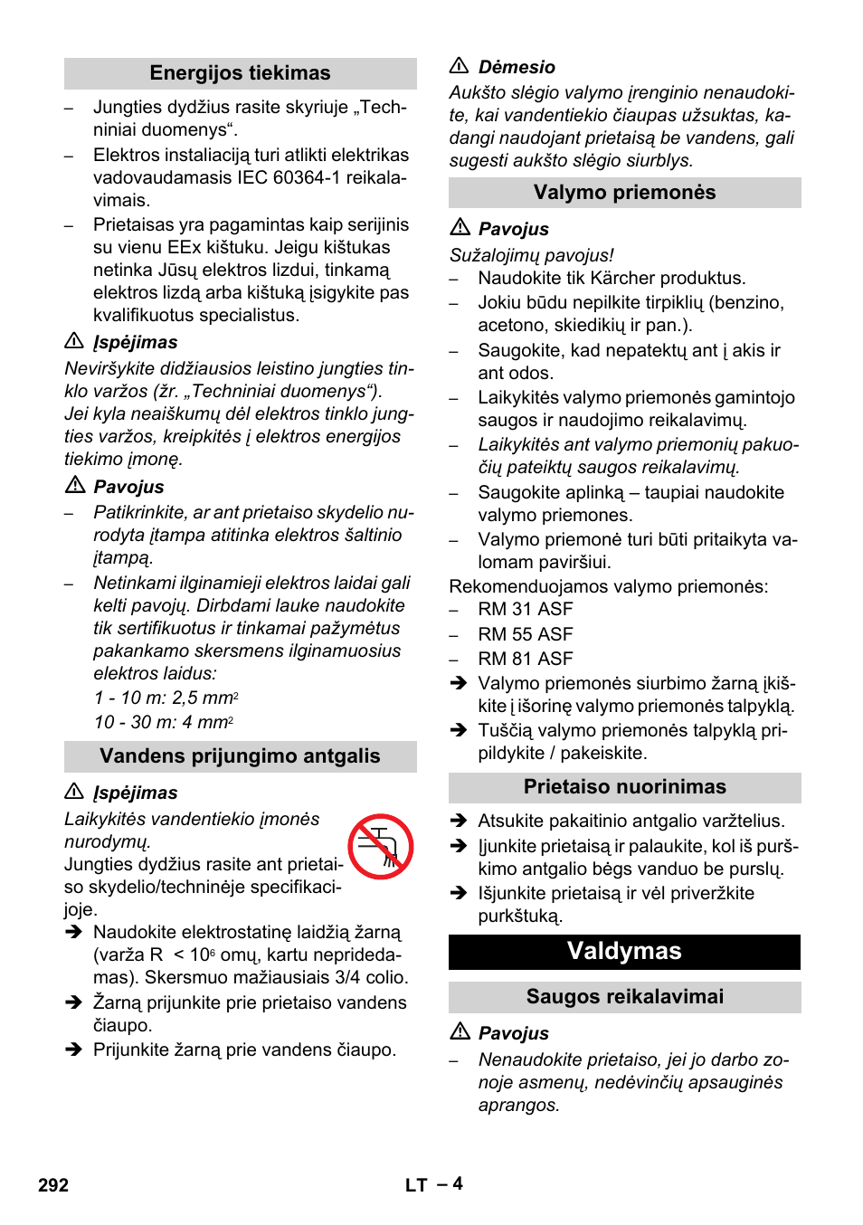 Energijos tiekimas, Vandens prijungimo antgalis, Valymo priemonės | Prietaiso nuorinimas, Valdymas, Saugos reikalavimai | Karcher HD 10-16-4 Cage Ex User Manual | Page 292 / 316