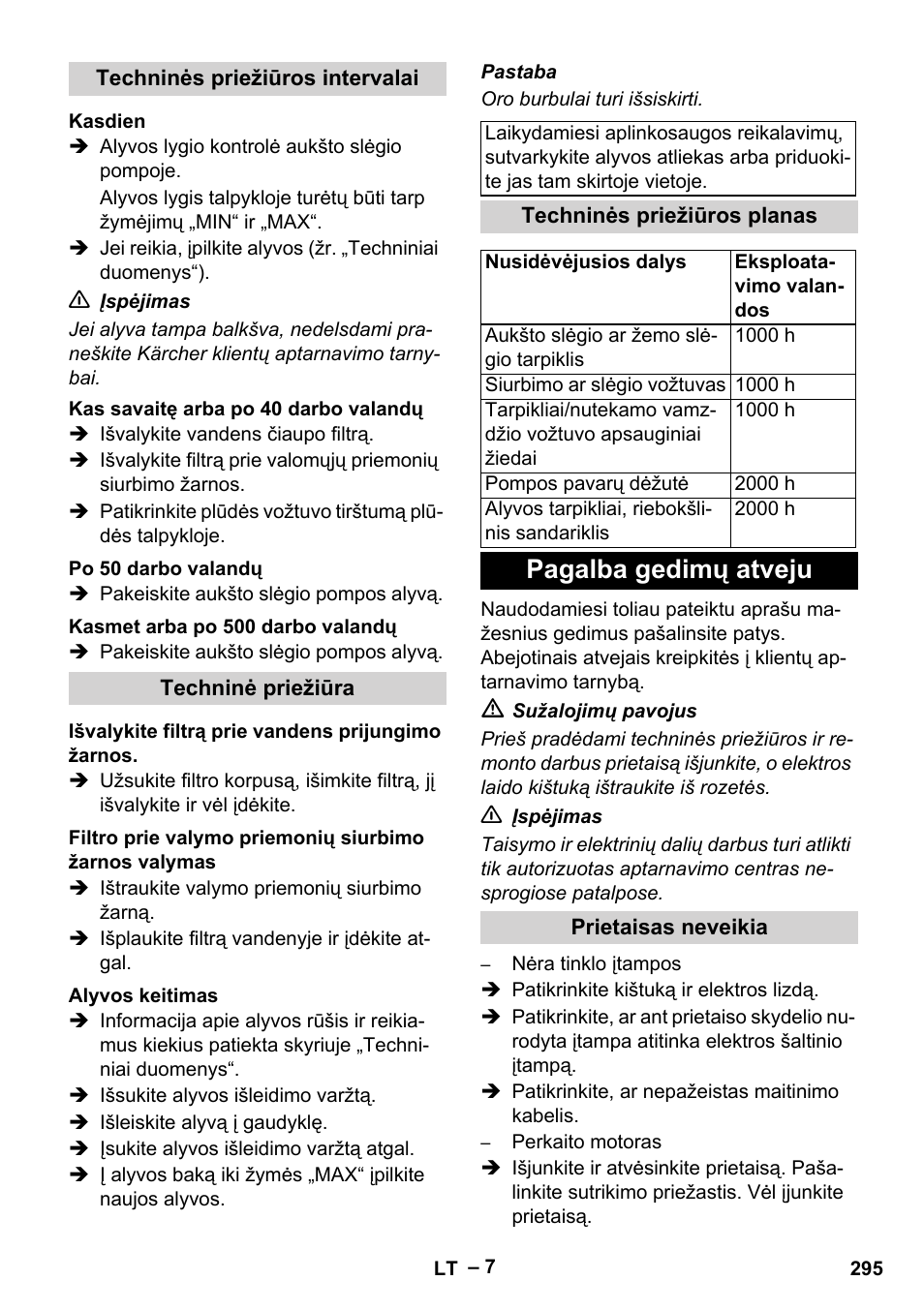 Techninės priežiūros intervalai, Kasdien, Kas savaitę arba po 40 darbo valandų | Po 50 darbo valandų, Kasmet arba po 500 darbo valandų, Techninė priežiūra, Išvalykite filtrą prie vandens prijungimo žarnos, Alyvos keitimas, Techninės priežiūros planas, Pagalba gedimų atveju | Karcher HD 10-16-4 Cage Ex User Manual | Page 295 / 316
