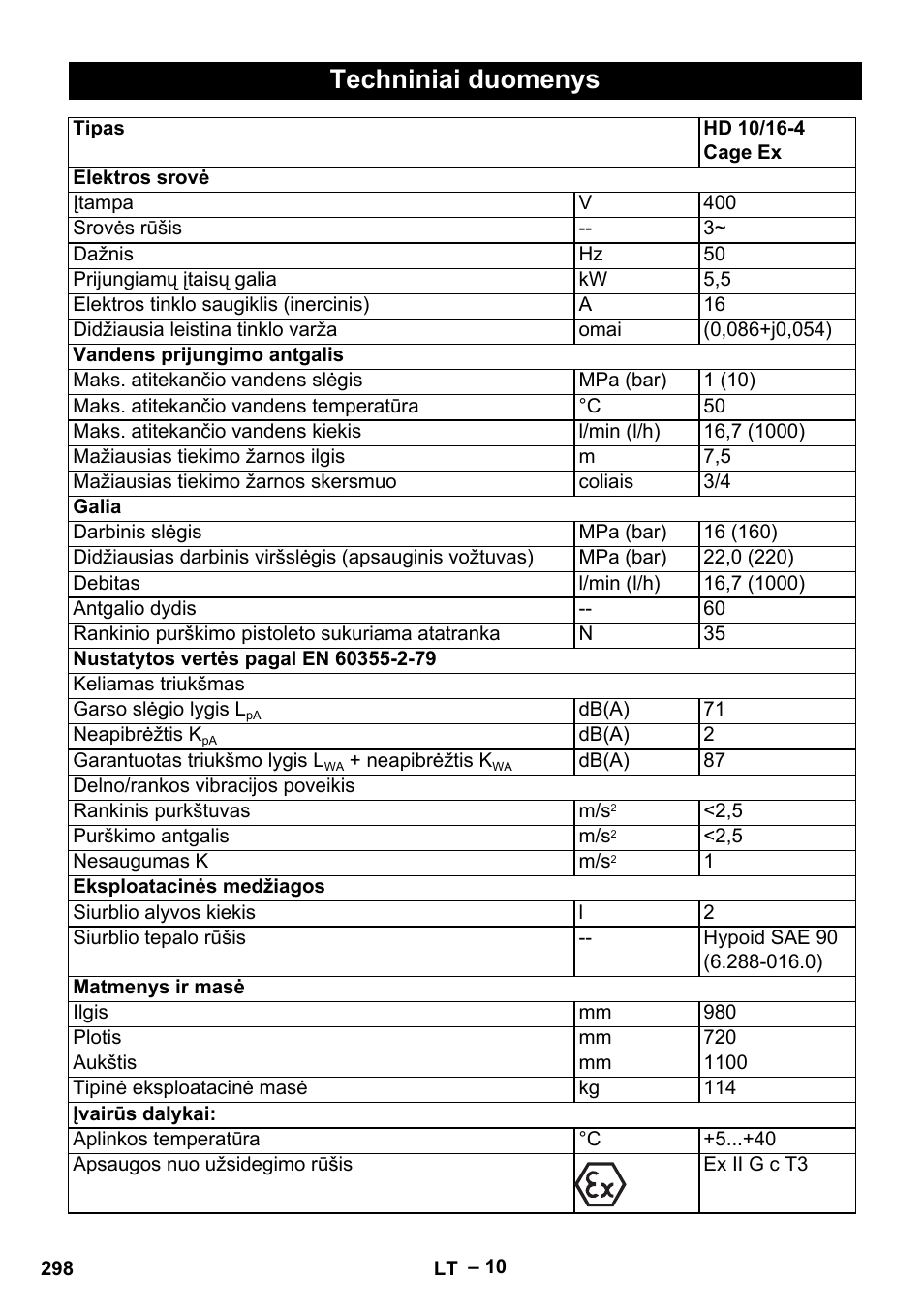 Techniniai duomenys | Karcher HD 10-16-4 Cage Ex User Manual | Page 298 / 316