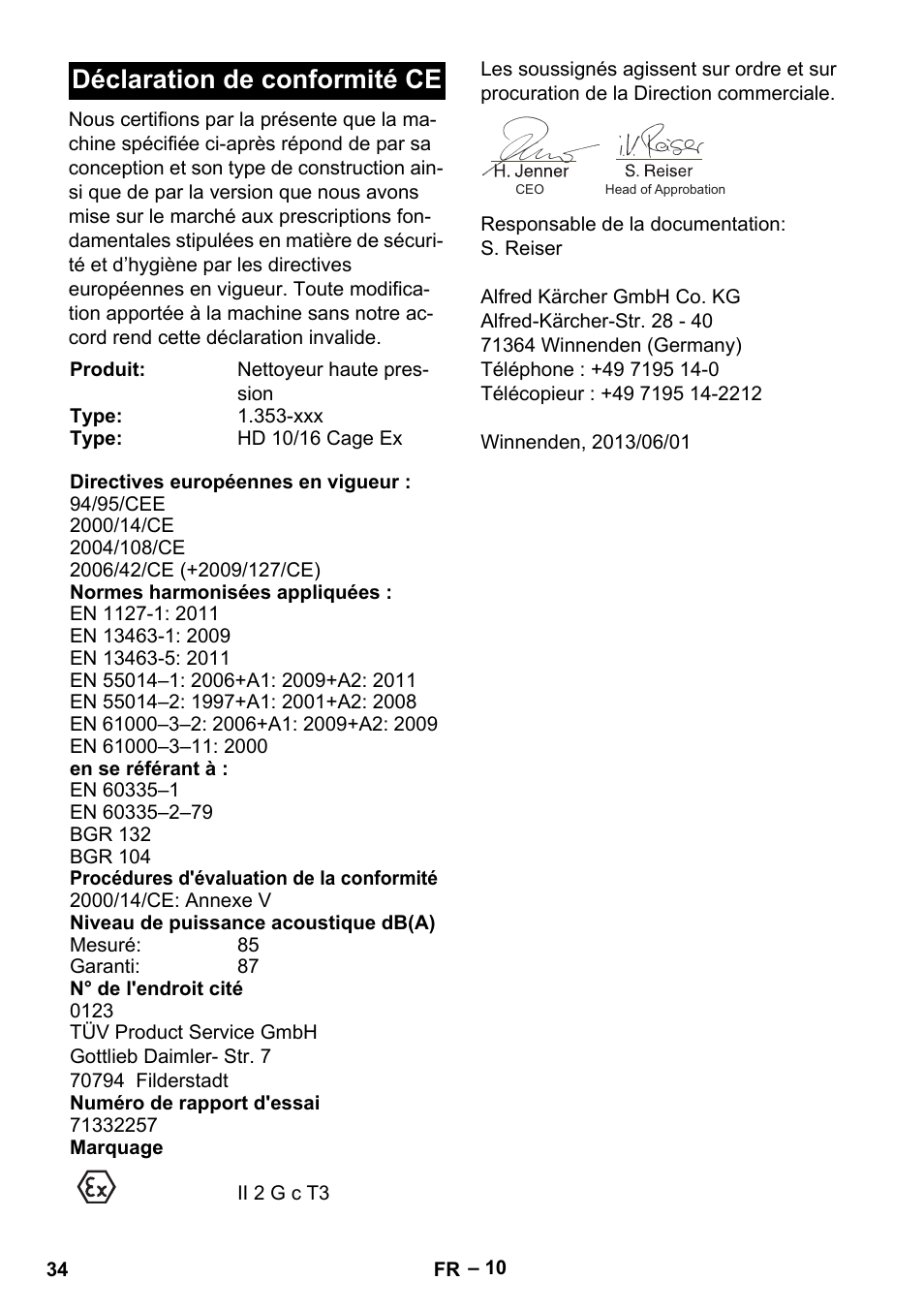 Déclaration de conformité ce | Karcher HD 10-16-4 Cage Ex User Manual | Page 34 / 316