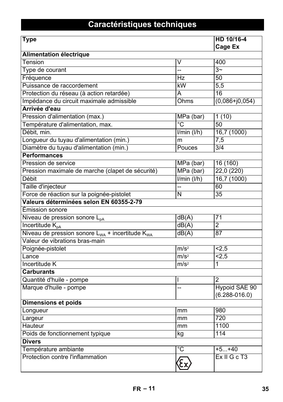 Caractéristiques techniques | Karcher HD 10-16-4 Cage Ex User Manual | Page 35 / 316