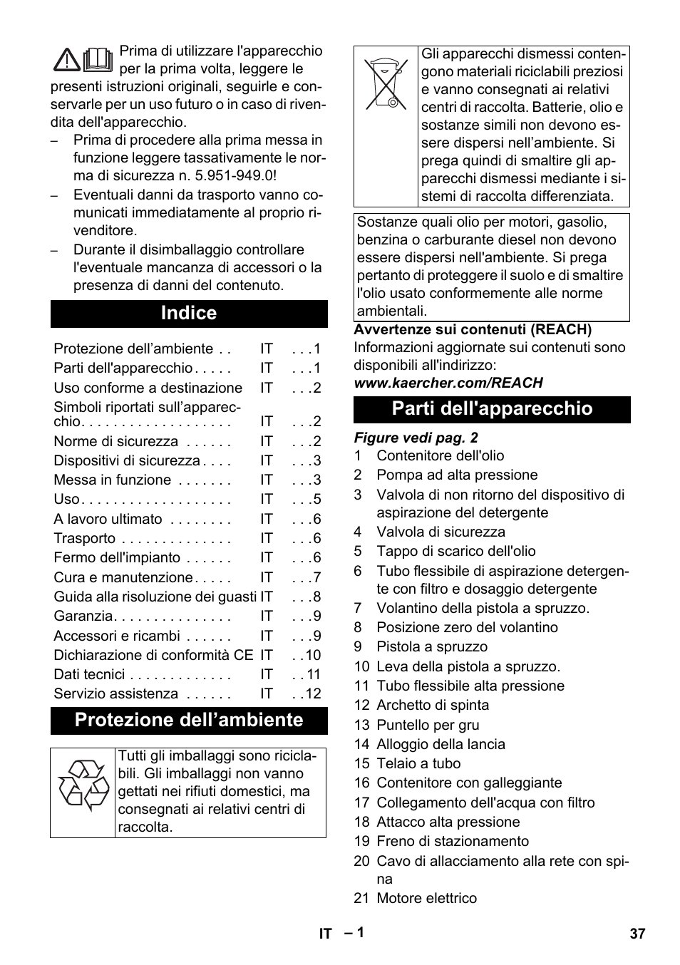 Italiano, Indice, Protezione dell’ambiente | Parti dell'apparecchio | Karcher HD 10-16-4 Cage Ex User Manual | Page 37 / 316