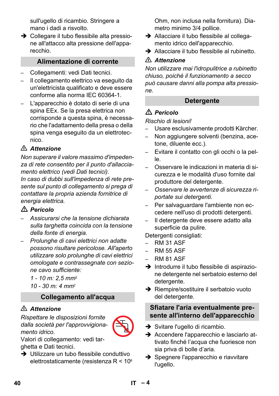 Alimentazione di corrente, Collegamento all'acqua, Detergente | Karcher HD 10-16-4 Cage Ex User Manual | Page 40 / 316