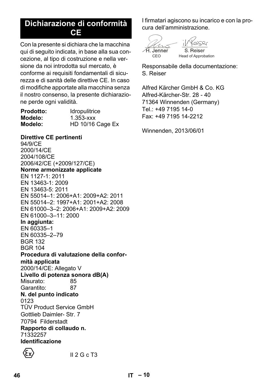 Dichiarazione di conformità ce | Karcher HD 10-16-4 Cage Ex User Manual | Page 46 / 316