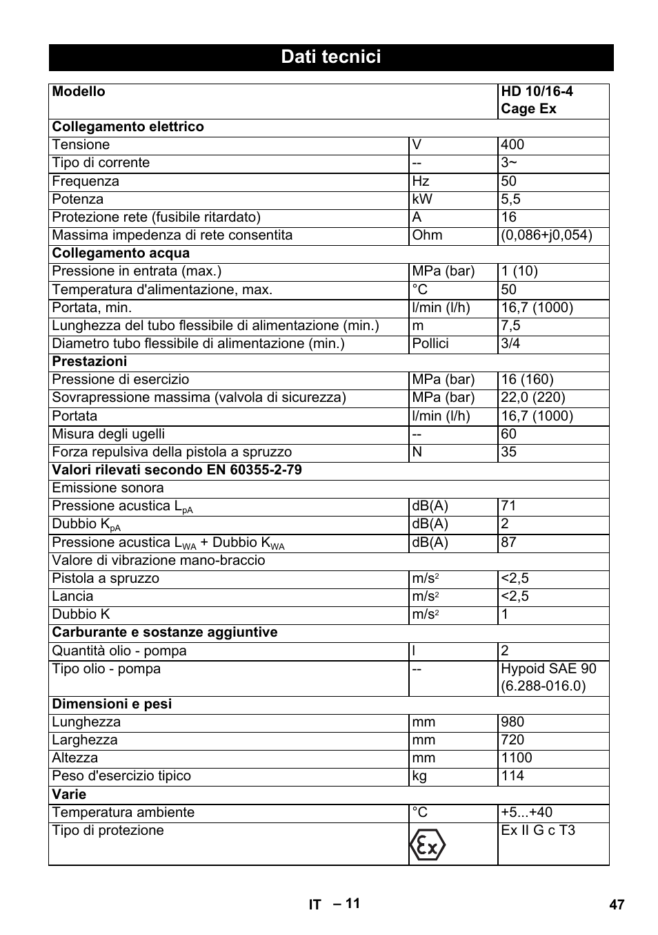 Dati tecnici | Karcher HD 10-16-4 Cage Ex User Manual | Page 47 / 316