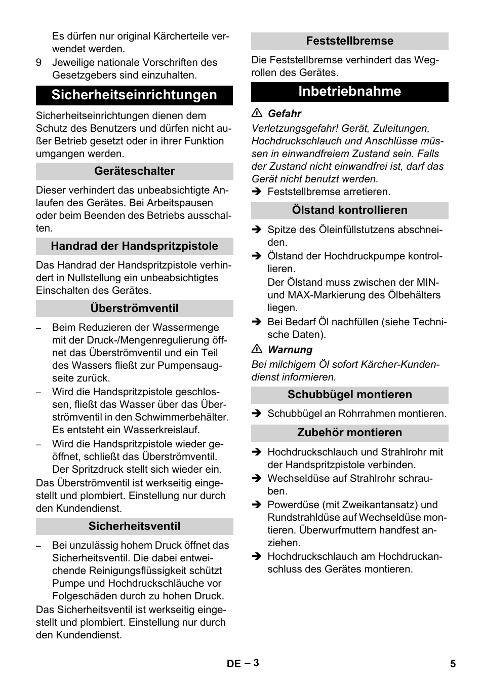 Sicherheitseinrichtungen, Geräteschalter, Handrad der handspritzpistole | Überströmventil, Sicherheitsventil, Feststellbremse, Inbetriebnahme, Ölstand kontrollieren, Schubbügel montieren, Zubehör montieren | Karcher HD 10-16-4 Cage Ex User Manual | Page 5 / 316