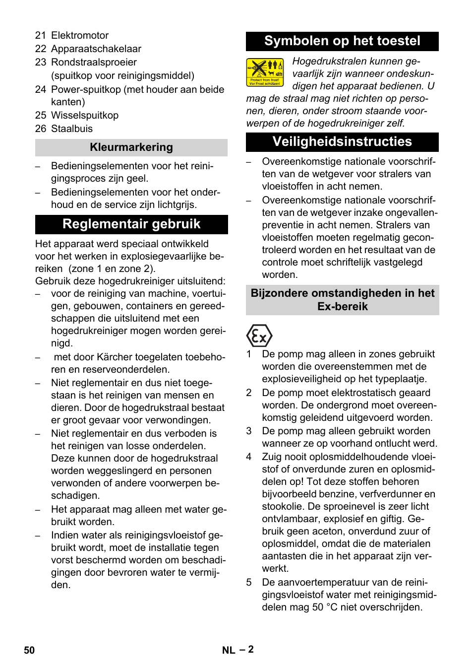 Kleurmarkering, Reglementair gebruik, Symbolen op het toestel | Veiligheidsinstructies, Bijzondere omstandigheden in het ex-bereik | Karcher HD 10-16-4 Cage Ex User Manual | Page 50 / 316