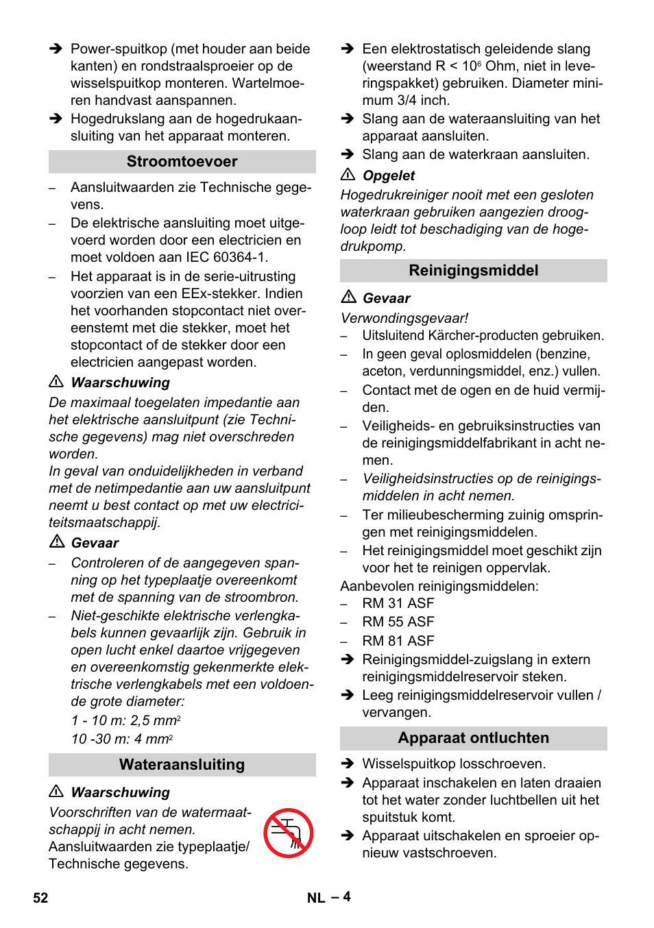 Stroomtoevoer, Wateraansluiting, Reinigingsmiddel | Apparaat ontluchten | Karcher HD 10-16-4 Cage Ex User Manual | Page 52 / 316