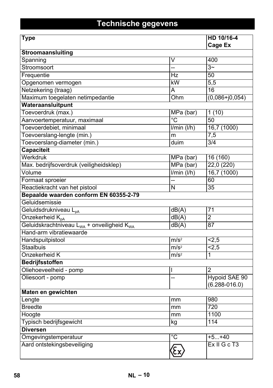 Technische gegevens | Karcher HD 10-16-4 Cage Ex User Manual | Page 58 / 316