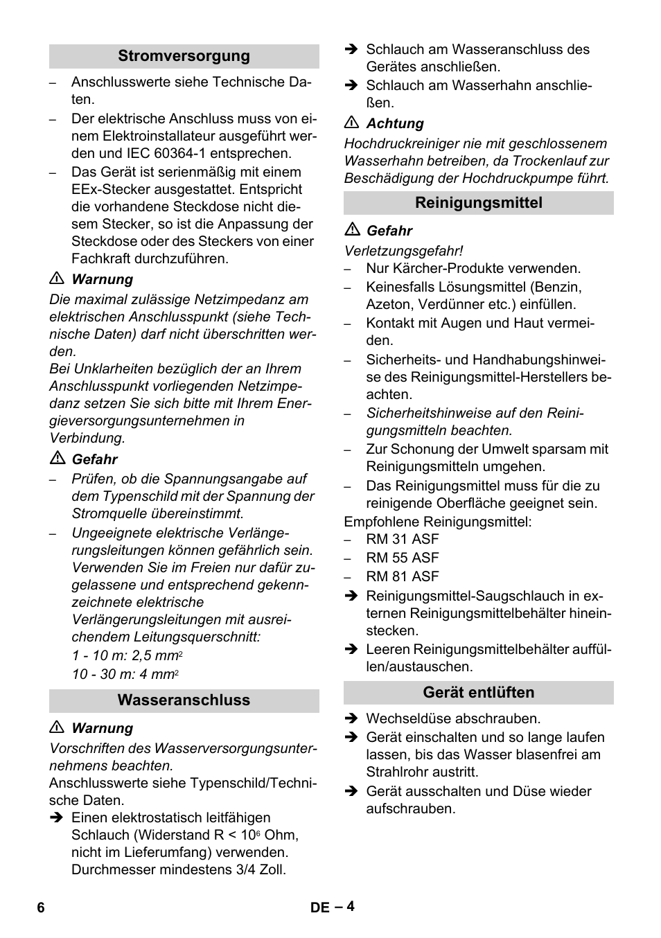 Stromversorgung, Wasseranschluss, Reinigungsmittel | Gerät entlüften | Karcher HD 10-16-4 Cage Ex User Manual | Page 6 / 316