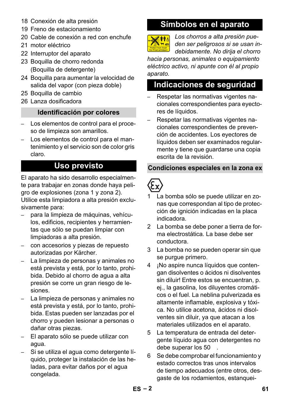 Identificación por colores, Uso previsto, Símbolos en el aparato | Indicaciones de seguridad, Condiciones especiales en la zona ex | Karcher HD 10-16-4 Cage Ex User Manual | Page 61 / 316